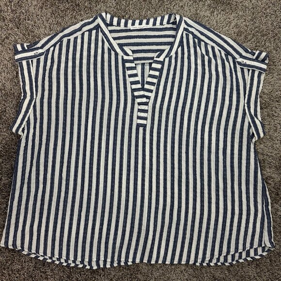 Jane and Delancey Tunic Top 3X Blue White Stripe Pullover Short Sleeve Relaxed - Picture 1 of 8